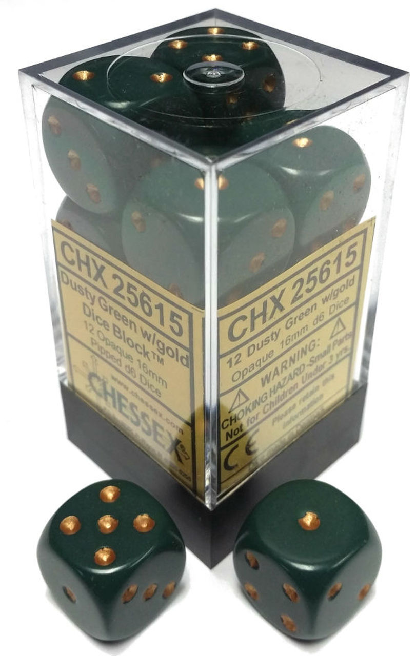CHESSEX opaque 12mm 12 D6 DUSTY GREEN-GOLD DICE POKEMON